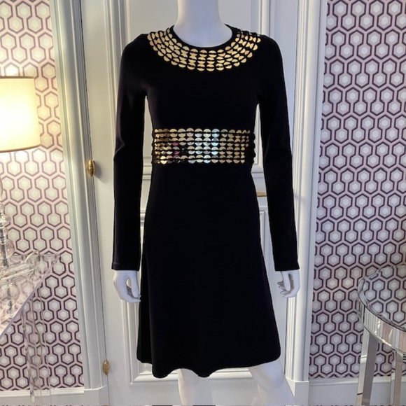 Tory Burch Dark Navy Blue Wool Dress with Gold Sequin Embellishment Size XS - Picture 1 of 5